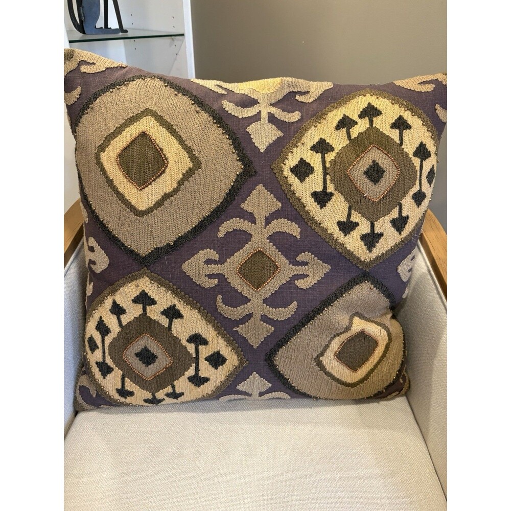 Arhaus 25x25 Square  Cover & Down Insert Beaded Aztec Western Pillow Grey Duck